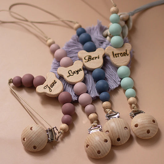 Custom Name Wooden Personalized Baby Pacifier Chain Silicone Bead